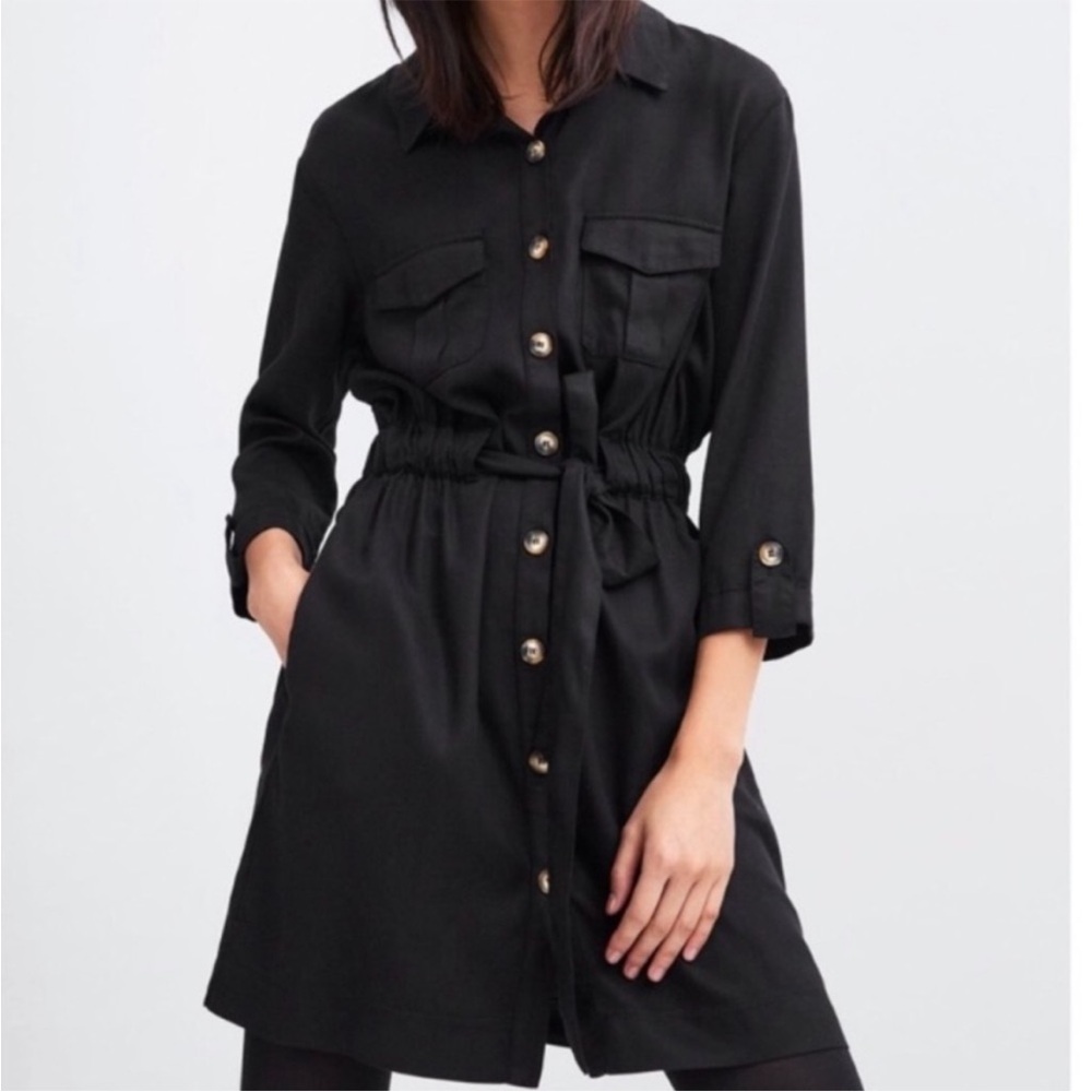 Zara Black Long-Sleeve Shirt Dress with Tie Belt